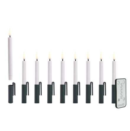 (B) LED mini taper candle w. green clip, White, 9-pack Remote incl.
